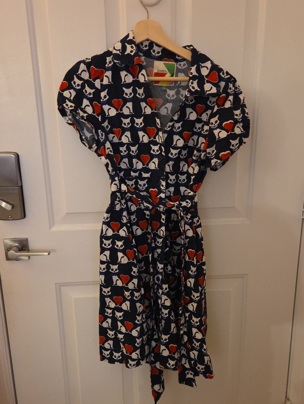 Fervour Navy Cat & Heart Print Short Sleeve Shirt Dress - Navy / Red